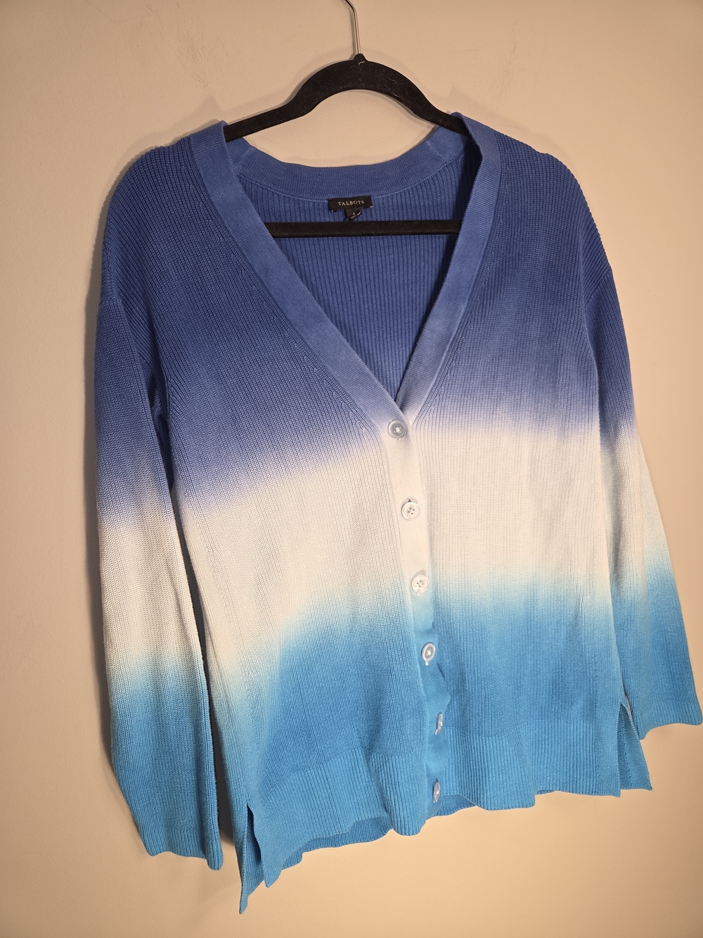 Talbots Blue White Ombre Ribbed Button Cardigan